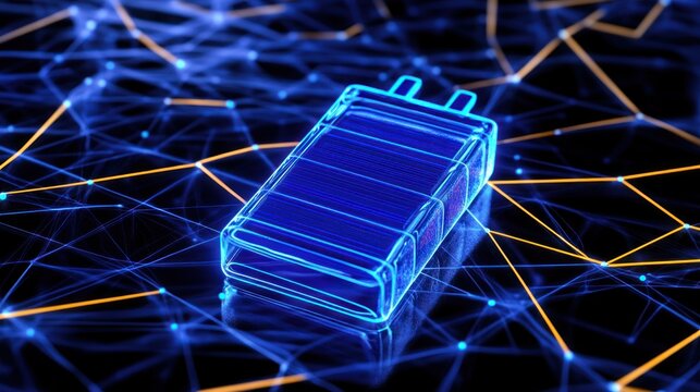 Neon battery icon over complex network lines, electric blue and golden glow