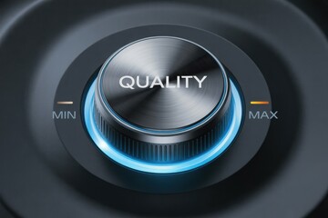 Quality control knob indicating quality, the dial with the word QUALITY centered. The dial can be set to MIN or MAX