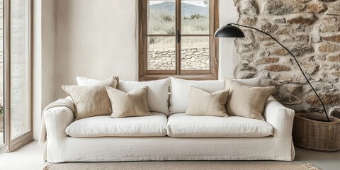 White sofa with beige pillows and floor lamp against window near stone cladding wall. Mediterranean home interior design of modern living room, Generative AI