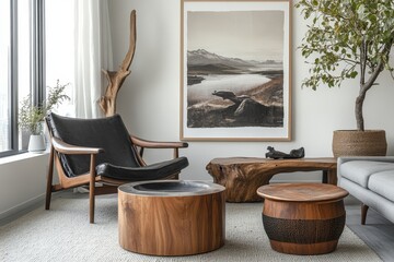 Wooden chair and gray sofa near white wall with big mock up poster frame on white wall. Scandinavian interior design of modern living room, Generative AI