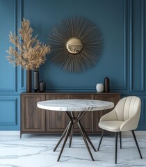 Interior design of modern dining room, dining table and wooden chairs. 3d rendering, Generative AI