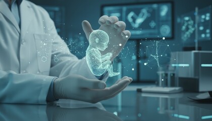 Scientist wearing a lab coat and gloves holding a glowing digital fetus hologram. Symbolizing advanced reproductive technology. Future medicine. And scientific research in a modern laboratory setting