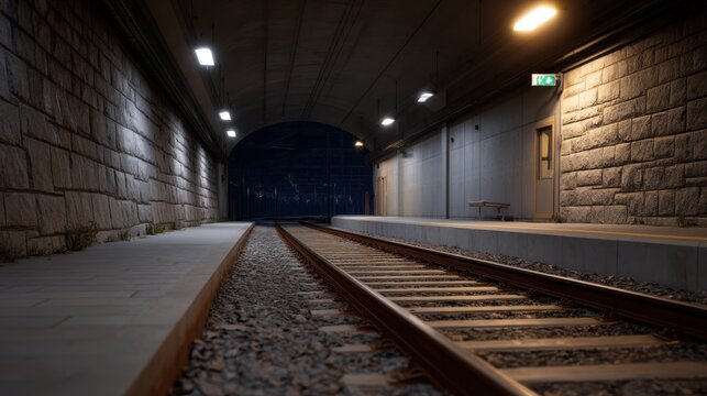 Dimly Lit Metro Tunnels with Rusted Rails and Flashlight Illumination in Urban Environment