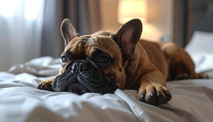 French Bulldog Resting Peacefully on Bed in Natural Light.