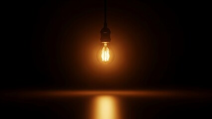 Warm orange light emanates from a hanging bulb creating a dramatic silhouette and soft reflection in a dark space.