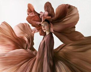 Fashion commercial Concept. Radiant flowing cheek girl wearing a bronze brown pleated petal of flowing tulle pleats, high fashion couture bridal flying dress. copy text space