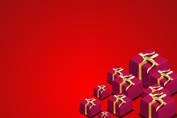 Gift boxes 3d on red background. Vector illustration. Eps 10. copy space area