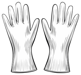 Obraz premium Black and white outline illustration of a pair of protective rubber gloves for hygiene and safety