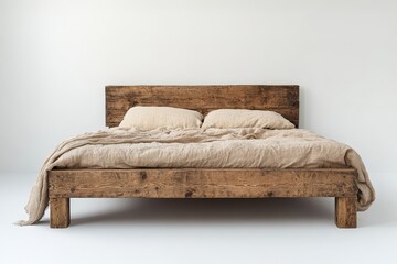 Rustic wooden bed against empty white wall with copy space. Scandinavian loft interior design of modern bedroom, Generative AI