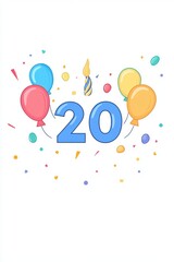 A Festive Celebration of Number 20 Surrounded by Colorful Balloons and Sparkling Confetti Joyfully