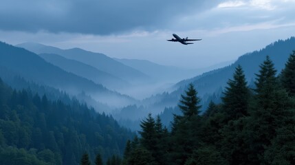 Naklejka premium Airplane Gliding Through Dense Fog Over Atmospheric Mountain Range Landscape at Dusk
