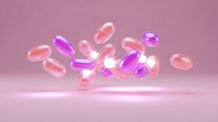 Elegant floating pink and purple capsules, pharmaceutical beauty and wellness