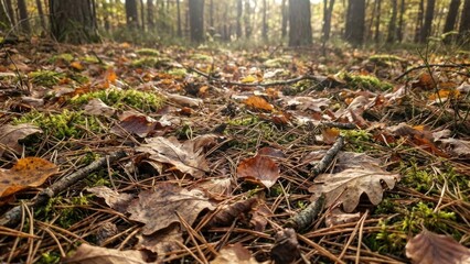 Forest Floor Autumn Leaves Moss Sunlight Through Trees Golden Hour Lighting Detailed Texture
