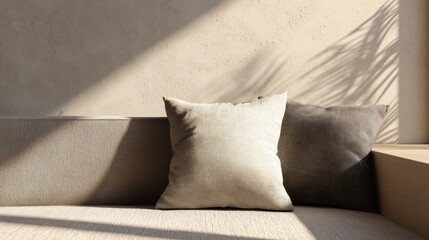 Soft cushions resting on a cozy couch in a sunlit room with gentle shadows from plants