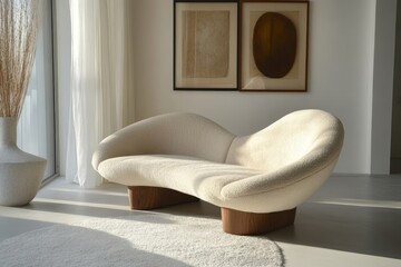Curved loveseat sofa against white wall with frames. Scandinavian home interior design of modern living room, Generative AI