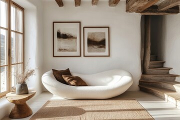 Curved loveseat sofa against white wall with frames. Scandinavian home interior design of modern living room, Generative AI