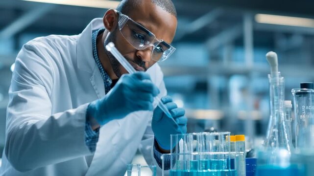 A focused scientist in a laboratory, conducting an experiment with test tubes