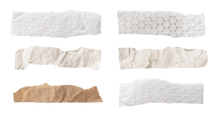 Set of torn paper and packaging strips. white, kraft, plastic bubble wrap with textured surfaces and