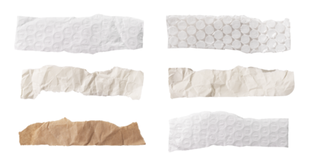 Set of torn paper and packaging strips. white, kraft, plastic bubble wrap with textured surfaces and