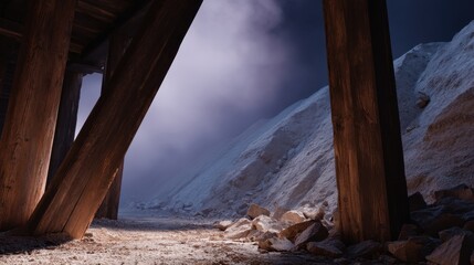 Dusty Mine Shaft with Wooden Support Structures and Clouds of Dust in a Dimly Lit Environment
