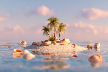 A tiny island with a cluster of palms, golden beach, minimal pastel sunset background, detailed seashells scattered