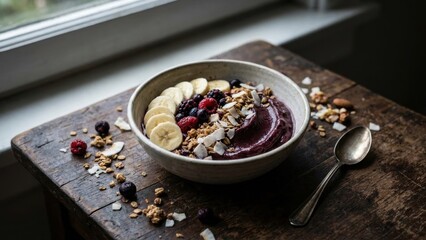 Healthy Acai Bowl Topped With Fresh Berries Banana Slices And Granola On Wooden Table