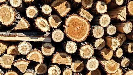 Stacked pile of freshly cut firewood logs showing distinct growth rings and textured bark ready for winter burning