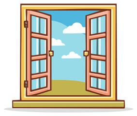 Cartoon open window with a sunny day landscape view of blue sky and clouds