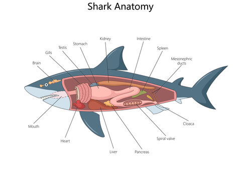 shark anatomy showing internal organs such as liver, stomach, heart, intestines, gills, brain, and reproductive structures diagram hand drawn schematic vector. Science educational illustration