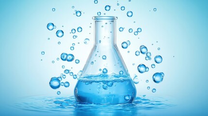 Erlenmeyer flask with liquid and bubbles against a light blue backdrop