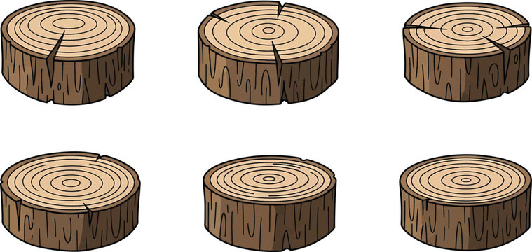 Isometric wood stumps log cross section tree rings construction material collection