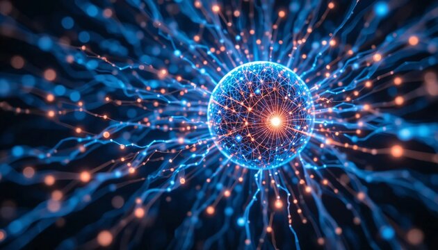 Glowing Neural Sphere with Radiating Data Connections - Powered by Adobe