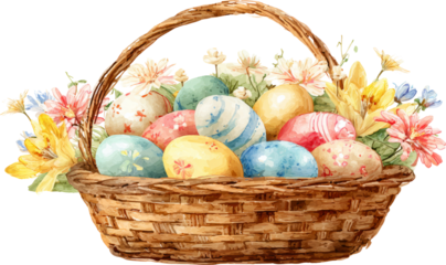 Colorful Easter eggs nestled in a wicker basket surrounded by vibrant spring flowers