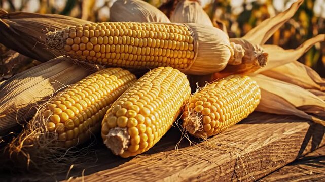 Plump Golden Corn Ears Gleaming with Fresh Harvested Kernels on Rustic Stalks