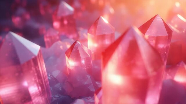 Glimmering crystals in shades of red and pink, creating a captivating display. The crystals are illuminated with light, adding a magical touch