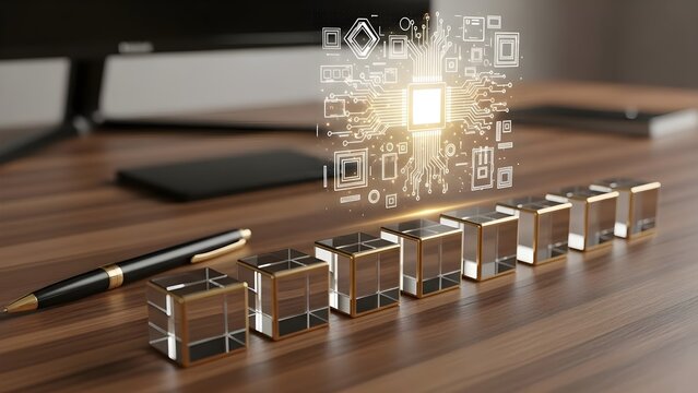 Illuminated digital circuit visualization hovers above a row of glass blocks symbolizing data processing or growth. - Powered by Adobe