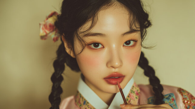 beautiful korean girl in pastel hanbok with traditional braided hairstyle, aesthetic k-beauty portrait with soft makeup, elegant oriental fashion photography