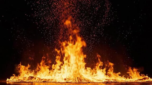 Dramatic flames erupt against a dark background, creating a powerful and intense visual effect.