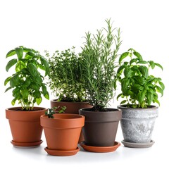 Fresh Herbs in Pots - Basil, Thyme, and Rosemary.