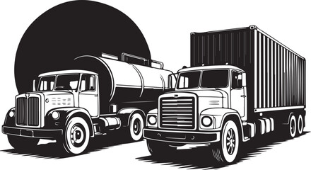 Two semi trucks with tanker and container on white background