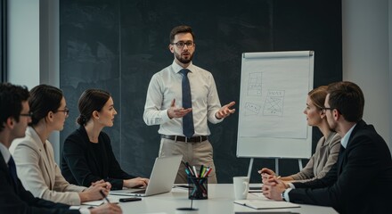 Dynamic Business Presentation: Energetic Speaker Engages Diverse Team with Visuals and Collaborative Discussion