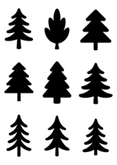 Obraz premium Set of black pine tree silhouettes and evergreen forest icons, Minimalist evergreen fir and spruce tree collection in flat vector style, Collection of coniferous forest tree shapes and botanical 