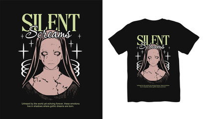 Silent Screams Anime japanese t shirt designs, anime gothic streetwear graphic t shirt vector, girl dark art streetwear design, Youth Urban Design for Print, Urban Style, Graphic for Apparel.