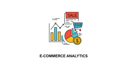 A colorful illustration of e-commerce analytics with various graphs and charts