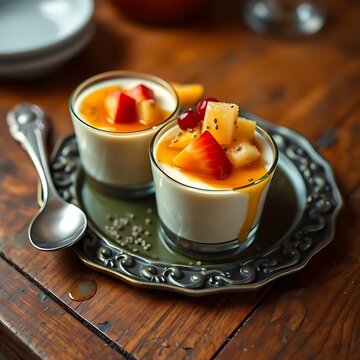 A vibrant and appetizing photograph of a bowl of Pudim de Chia e Leite Vegetal, a traditional Brazilian chia pudding dessert made with vegetable milk, featuring a creamy textured pudding topped with a