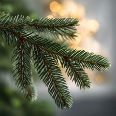 Obraz premium Lush evergreen pine branch with sharp green needles, natural texture, festive mood, blurred golden bokeh background