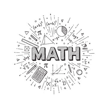 Hand drawn math doodles with text. Mathematics formulas, equations, and geometric shapes around the word Math. Education vector illustration