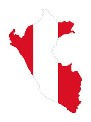 Peru flag in country silhouette. National flag, insignia and ensign of the Republic of Peru, a bicolor banner and vertical triband with red outer bands and single white middle band. Isolated. Vector