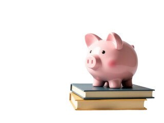 A piggy bank sitting on top of a stack of books, great for financial or education themes