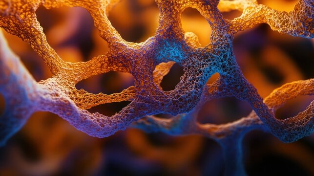 Porous network of interconnected cells, glowing with orange and blue hues